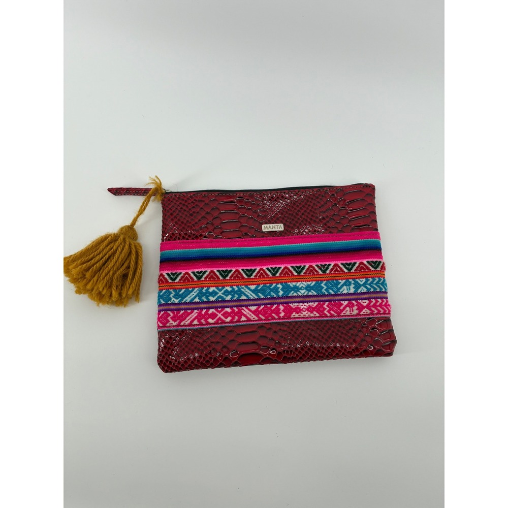 Manta Red Faux Snakeskin Woven Textile Tassel Clutch Bag